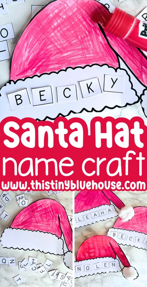 This quick and easy Christmas craft is a great choice for kids in preschool and kindergarten. Our free printable Santa hat name craft is a fun and festive choice for crafting at home or in the classroom.  Kids practice spelling their name, fine motor skills and much more while they make their own Santa name craft!  Cute and easy, this adorable holiday Christmas craft is one of our most popular preschool holiday crafts to date!  Head to our blog to get your free template! Easy Christmas Craft Toddler, Easy Christmas Kindergarten Crafts, Giving To Others Preschool Activities, Easy Christmas Craft For Kindergarten, Build Santa Printable, Winter Christmas Crafts For Kids, Sped Christmas Crafts, Santa Hat Preschool Craft, Christmas Crafts For Kids With Paper