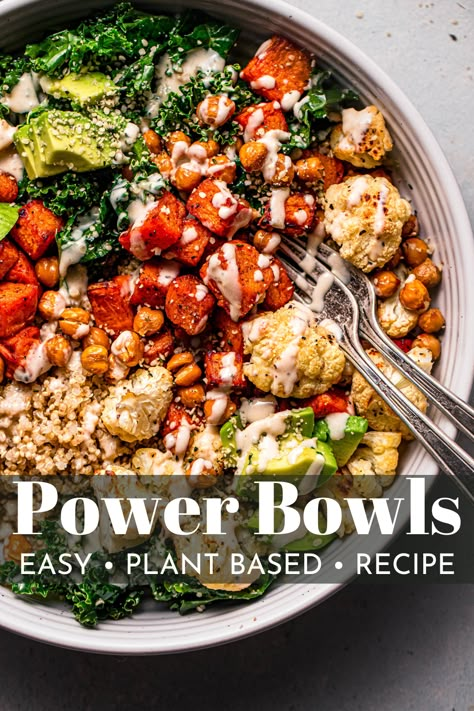 Dig into this Vegan Power Bowl—a hearty and healthy meal brimming with fluffy quinoa, roasted vegetables, crispy chickpeas, and tahini sauce. Top it with your choice of healthy extras for a flavorful powerhouse of protein and fiber! Vegetarian Nourish Bowl Recipes, Vegan Macrobiotic Recipes, Tahini Quinoa Bowl, Quinoa Superfood Bowl, Cauliflower Quinoa Bowl, Sweet Potato Power Bowl Quinoa, Sauce For Quinoa Bowl, Simple Healthy Vegan Meals, Roasted Veggies Bowl