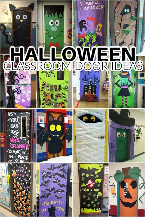 These Halloween classroom door ideas, including all things fun, cute, and not too scary are a great way to get your classroom scary season ready. Haloween Decoracion Classroom Door, Easy Door Decorations Halloween, Hollween Door Idea, Haunted House Door Decorations Classroom, Vampire Door Decorations Classroom, Decorate Door For Halloween School, Witch Classroom Door Ideas, Halloween Decoration School, Creepy Carrots Door Decoration