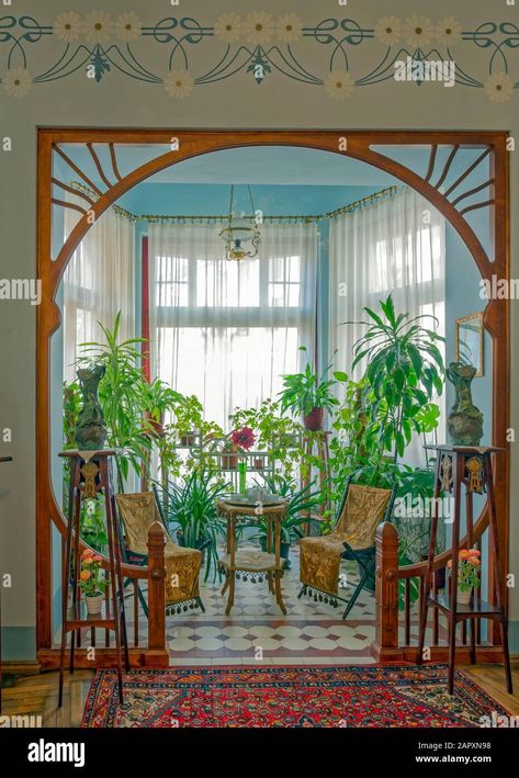 Download this stock image: Living room with winter garden, Art Nouveau, Art Nouveau Museum, Riga, Latvia - 2APXN98 from Alamy's library of millions of high resolution stock photos, illustrations and vectors. Art Nouveau Living Room, Art Nouveau House, Architecture Art Nouveau, Art Nouveau Interior, Design Art Nouveau, Art Nouveau Furniture, Art Nouveau Decor, Nouveau Architecture, Art Nouveau Architecture