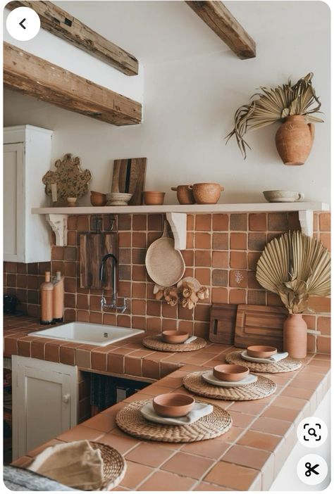 Terracotta Kitchen Island, Adobe Home Decor, Terracotta Tiled Kitchen, Kitchen Terracotta Tiles, Clay Tile Kitchen, Earthy Kitchen Aesthetic, Small Spanish Kitchen, Natural Earthy Kitchen, Terracotta Kitchen Backsplash