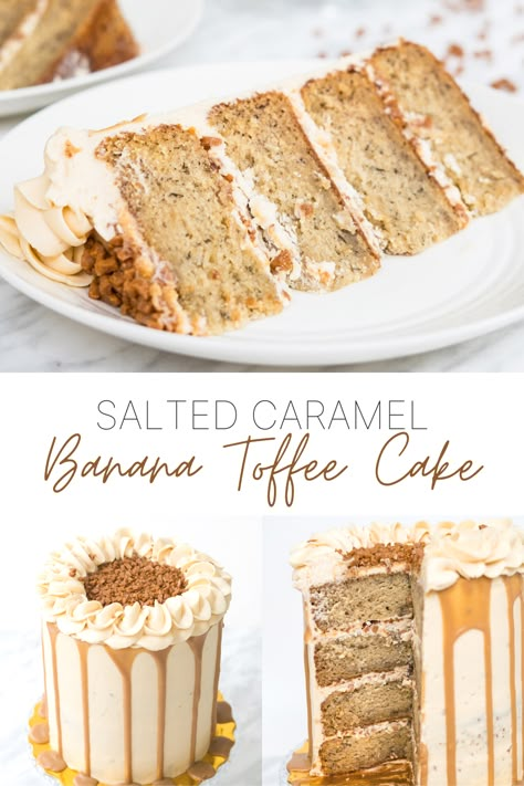 Banana Salted Caramel Cake, Classic Cake Flavors, Banana And Caramel Desserts, Salted Caramel Banana Toffee Cake, Caramelized Banana Cake, Banana And Caramel Cake, Cake Recipes With Buttercream Frosting, Salted Caramel Pretzel Cake, Banana Wedding Cake