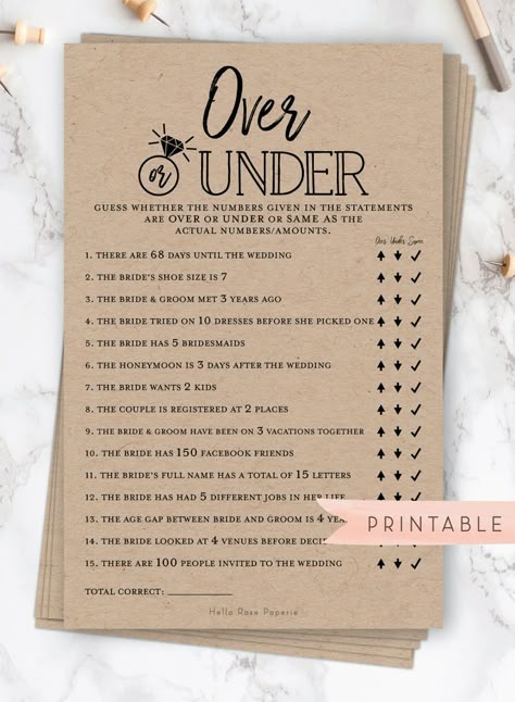 Over or Under Printable Game . Bridal Wedding Couples Shower . Bachelorette Hens Party . Instant Download . Rustic Kraft + Black and White Rustic Bridal Shower Games, How To Dress For A Wedding, Fun Bridal Shower Games, Wedding Game, Couples Bridal Shower, Couple Wedding Shower, Bridal Shower Planning, Printable Bridal Shower Games, Wedding Shower Games