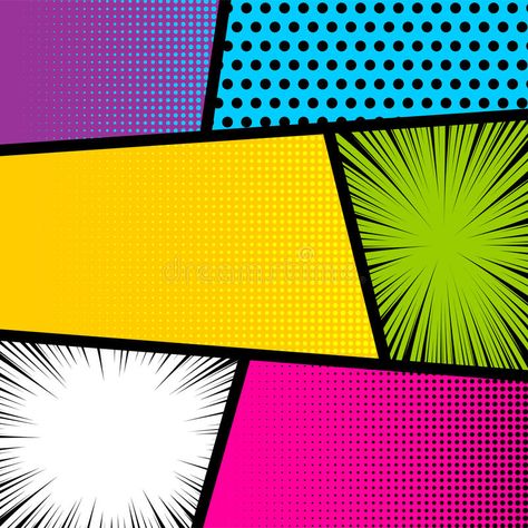 Pop art comic book strip background. Pop art comics book magazine cover template. Cartoon funny vintage strip mock up. Vector halftone illustration. Blank vector illustration Comic Aesthetic Pop Art, Pop Art Background Design, Comic Background Aesthetic, Comic Style Art Illustration, Comic Strip Background, Yearbook Backgrounds, Comic Texture, Comic Book Aesthetic, Cartoon Magazine