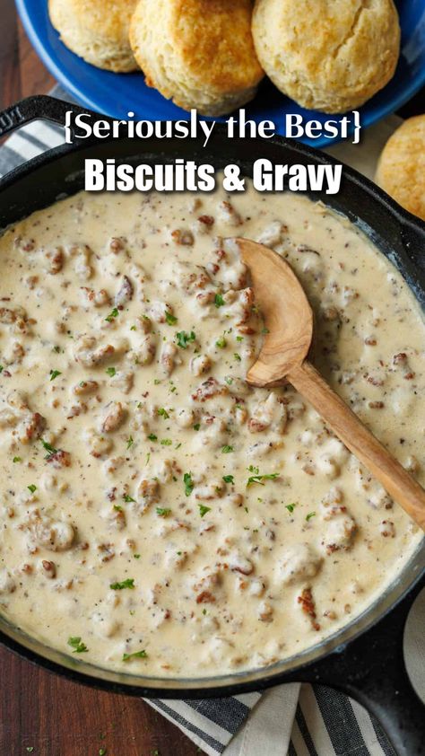 Our easy homemade Biscuits and Gravy Recipe is true to the classic Southern breakfast of creamy sausage gravy over flaky, buttery biscuits. It’s simple to make and so satisfying. Homemade Biscuits And Gravy, Biscuits And Gravy Recipe, Homemade Gravy For Biscuits, Best Biscuits And Gravy, Easy Gravy Recipe, Easy Homemade Biscuits, Sausage Gravy Recipe, Southern Breakfast, Buttery Biscuits