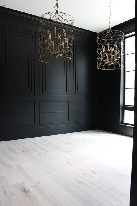 Are you looking for the perfect shade of black paint for an accent wall, kitchen island or even just your front door? Whether you want to go bold with all over color or just as a touch of contrast, Sherwin Williams Tricorn Black is one of the best shades of black paint. Read this full paint review to see if it's the right color for your home! Black Wall Design Living Room, Light Oak Floors Dark Walls, Manly Bathroom Wallpaper, Wall Niche Behind Tv, Japandi Traditional Interior, Black Walls With White Wainscotting, Close Off Dining Room French Doors, Black Wall Christmas Decor, Black Crown Molding Bedroom