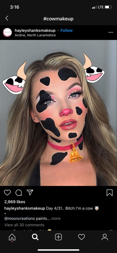 Bull Halloween Makeup, Woman Cow Costume, Pregnant Cow Halloween Costumes, Cow Face Makeup Halloween, Cow Halloween Makeup Look, Cow Costume Makeup Simple, Cow Make Up For Halloween, Cow Theme Outfit, Cow Print Face Paint