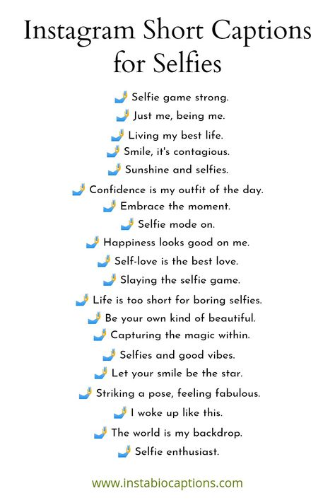 Discover a collection of fun and creative short selfie captions to level up your Instagram game! From witty one-liners to inspiring quotes, find the perfect caption to complement your selfies and express your personality. Strike a pose and let these captions do the talking! 😎📸 #SelfieCaptions #InstagramCaptions #FunCaptions Short Selfie Captions, Cute Selfie Captions, Captions For Selfies, Instagram Post Captions, Short Captions, One Word Instagram Captions, Short Instagram Quotes, Funny Instagram Captions, Cute Captions