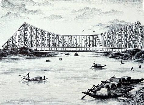 Kolkata Drawing, Kolkata Sketch, Kolkata City Drawing, Howrah Bridge Kolkata, Kolkata Art, Howrah Bridge, Pencil Sketches Landscape, Kolkata City, Bridge Drawing