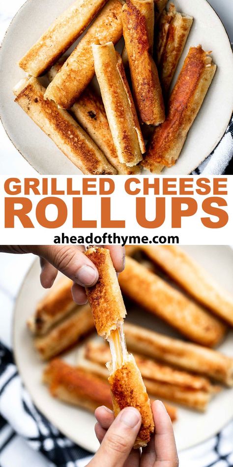 Grilled cheese roll ups are exactly what they sound like: a fun twist on a classic grilled cheese that gives you a hot handheld lunch to enjoy on its own or with a bowl or hot soup. Ready in under 15 minutes, these grilled cheese roll ups are the perfect kid-friendly lunch for back to school, as a last-minute meal on those weekdays when dinner escapes you, or as a midnight snack. These are a crowd favorite that will satisfy your cravings. | aheadofthyme.com #grilledcheeserollup via @aheadofthyme Roll Up Grilled Cheese, Rolled Grilled Cheese Sandwich, Baked Cheese Roll Ups, Rolled Grilled Cheese, Grilled Cheese Crescent Rolls, Grilled Cheese Roll Ups Air Fryer, Grilled Cheese Rollups, Grilled Cheese Dippers, Make Ahead Grilled Cheese