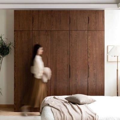 Wardrobe Bedroom With Freestanding Wardrobe, Standing Wardrobe Closet, Beautiful Closets Bedroom, Wood Finish Wardrobe, Open Wardrobe In Bedroom, Midcentury Closets, Dark Wood Wardrobe Bedroom, Cozy Bedroom Wardrobe, Walnut Wardrobe Bedroom