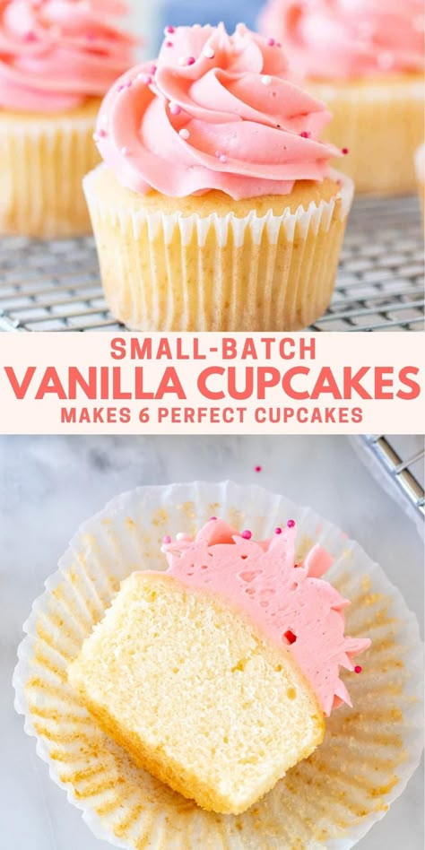 This perfect small-batch vanilla cupcake recipe makes just 6 perfect cupcakes. They're moist and tender with the most delicious vanilla flavor #cupcakes #smallbatch #halfbatch #halfdozen #vanillacupcakes #recipe from Just So Tasty https://www.justsotasty.com/small-batch-vanilla-cupcakes/ Small Batch Vanilla Cake, Small Batch Cake Recipe, Small Batch Vanilla Cupcakes, Easy Sheet Cakes, Vanilla Frosting For Cupcakes, Small Batch Cupcakes, Funfetti Recipes, Easy Vanilla Frosting, Creamy Vanilla Frosting