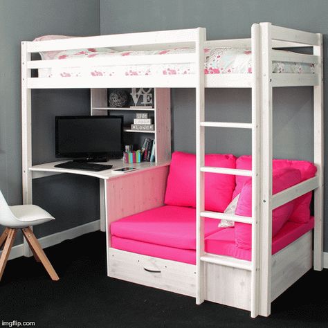 An animated GIF Bunk Beds For Girls Room, Loft Beds For Teens, Girls Loft Bed, Bed For Girls Room, Girls Bunk Beds, Futon Bunk Bed, Diy Loft Bed, High Sleeper Bed, Bunk Bed With Desk