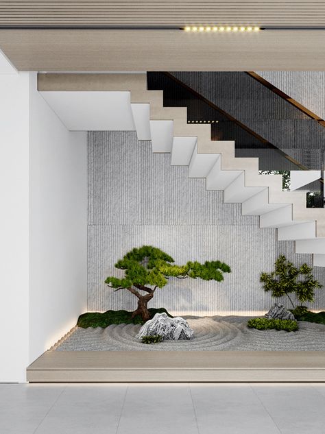 Landscaping Under Stairs, Zen Garden Interior Design, Zen Garden Under Stairs, Under Stair Garden Indoor, Staircase Landscape Design, Zen Garden In House, Landscape Under Staircase, Under Stairs Plants Ideas, Staircase Garden Indoor