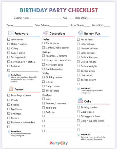 Party Supply List Checklist, Party Checklist Supplies, Party Decor Checklist, Bday Checklist, Birthday Party Supplies Checklist, Birthday Plan Ideas, Birthday Checklist, Party Supplies Checklist, Birthday Party Planning Checklist