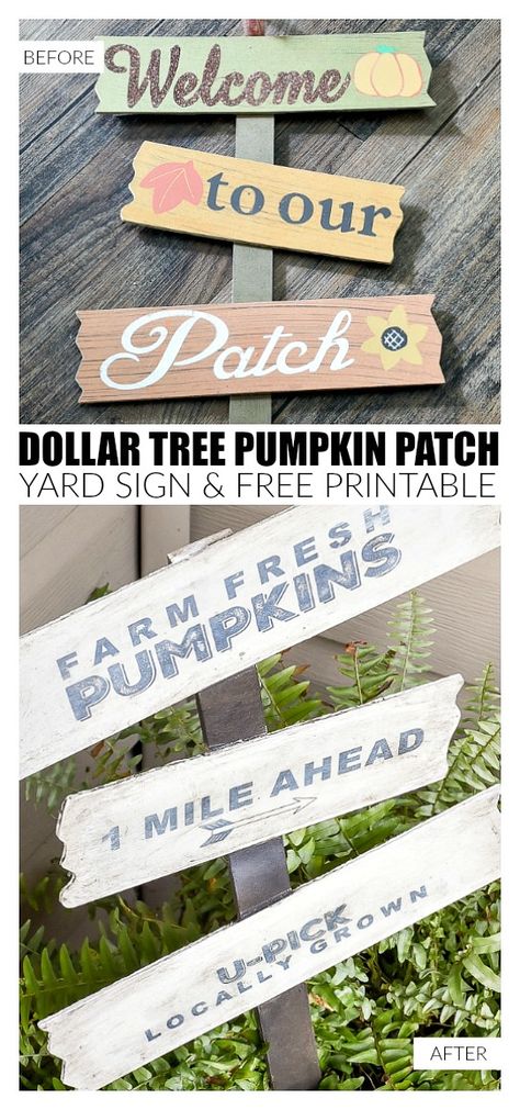 A colorful Dollar Tree pumpkin patch sign gets a farmhouse inspired makeover perfect for fall! #fall #falldecor #dollartree #dollartreeprojects #fallprintable #printables #autumn #pumpkinpatch Pumpkin Patch Party, Garden Decor Crafts, Pumpkin Patch Sign, Dollar Tree Pumpkins, Fall Decor Dollar Tree, Pumpkin Printable, Dollar Tree Fall, Dollar Tree Hacks, Fall Gardening