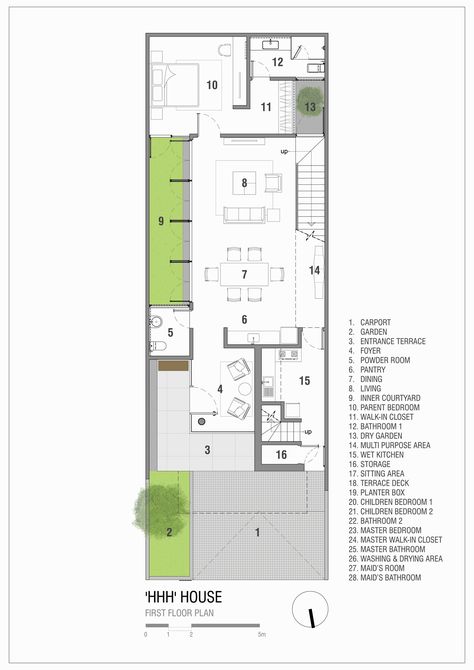 House Projects Architecture, Narrow House Designs, Narrow House Plans, House Simple, Simple Projects, Long House, Architectural Floor Plans, Villa Plan, Narrow House