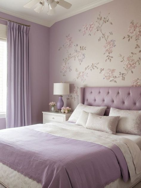 Girls Room Purple Walls, Lavender Accent Wall, Purple Wall Bedroom, Room Color Ideas Bedroom, Sleeping Room Design, Table Decorations Ideas, Bedroom Ideas For Small Rooms Cozy, Bedroom Color Combination, Tufted Upholstered Headboard