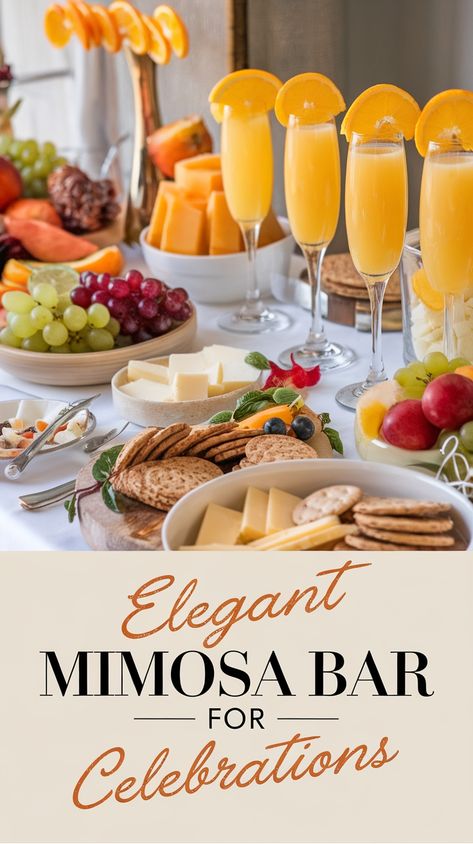 Elegant mimosa bar setup with fruits, cheeses, and champagne flutes for celebrations. Juice Bar Ideas Party, Mimosa Recipe For A Crowd, Mock Mimosa Bar Ideas, Pretty Mimosas, Mimosas Bar Ideas, Winter Mimosa Bar, Mimosa Bar Set Up, Mimosa Brunch Ideas, Mimosa Bar Ideas Brunch Party