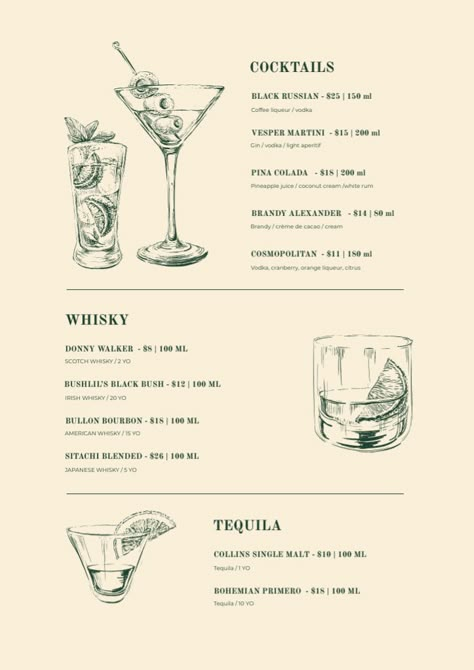 Design your Bar Cocktails sketches Menu with free editable templates! ⭐️ Benefit from a vast collection of 30K+ professionally-made layouts and create your impressive designs. Cocktail List Menu Design, Cocktail Menu Design Templates, Carte Menu Restaurant Design, Cocktail Bar Menu Design, Cocktail Card Design, Cocktail List Menu, Cocktail Menu Design Ideas, Drink Menu Design Ideas, Bistro Menu Design