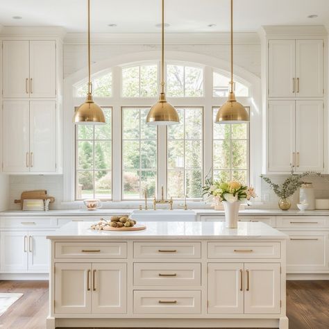 Welcome to a kitchen dreams are made of! 🌟 This white oasis with soaring ceilings and elegant arched windows epitomizes timeless sophistication. The abundance of natural light flooding in creates an airy atmosphere, while the white palette enhances the feeling of spaciousness. Who else is swooning over this picture-perfect space? ✨ #unionhomedesign #WhiteKitchen #HighCeilings #ArchedWindows #TimelessElegance #InteriorDesignInspo"#MainLineInteriors #MainLineDesign #PhiladelphiaDesigner #Mai... Cabinets In Breakfast Area, Over Window Kitchen Lighting, Off White Farmhouse Kitchen, Lighted Cabinets In Kitchen, Arched Window In Kitchen, White Kitchen Renovation Ideas, Modern Kitchen With Color, Natural Light Kitchen Ideas, Light Farmhouse Kitchen