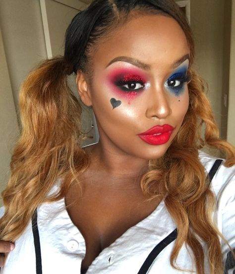 Black Harley Quinn, Harley Costume, Girl Halloween Makeup, Harley Quinn Makeup, Harley Quinn Halloween, Trendy Eyeshadow, Cute Halloween Makeup, Sugarpill Cosmetics, Girl Halloween Costume