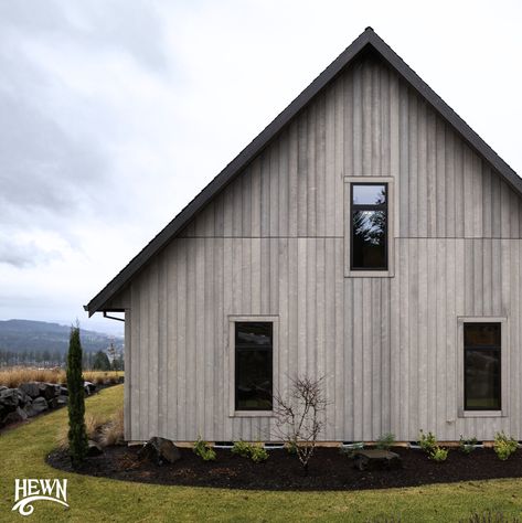 Adding timeless charm to a minimalist aesthetic, our beloved Stone Grey cedar siding captures the essence of understated elegance.  Image credit: @gtbarnes⁠ Contractors: Del Boca Vista LLC & @chandlerwillcuts⁠  #hewn #hewnelements #betterthanbarnwood #cedarsiding #hewndefinition Aged Cedar Siding, Dark Cedar Shake Siding, Douglas Fir Stain Colors Exterior, Cedar Board And Batten Siding, Cedar Shake Siding Accent, Wood Windows Exterior, Cedar Siding Exterior, Cottage Exterior Ideas, Cedar Shake Siding