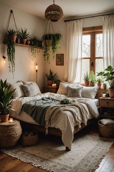 28 Year Old Bedroom Ideas, Apartment Boho Bedroom, Bedroom Styles Aesthetic, Studio Style Bedroom, Designing Small Bedrooms, Bedroom Makeover Minimalist, Boho Witch Bedroom, Styling A Small Bedroom, How To Make A Bedroom Look Bigger