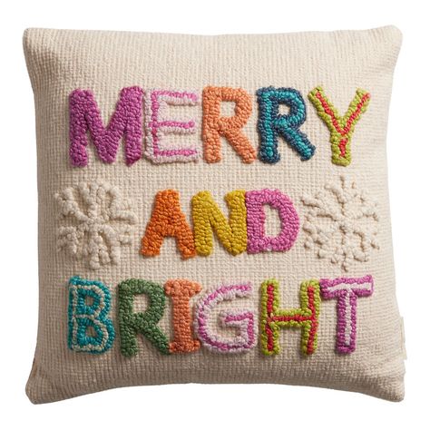 Ivory Multicolor Tufted Merry And Bright Throw Pillow - World Market Colorful Christmas Decorations, Rainbow Tree, Rainbows Christmas, Christmas Inspo, Christmas Pillows, Merry Little Christmas, Salad Plate, Christmas Aesthetic, Christmas Deco