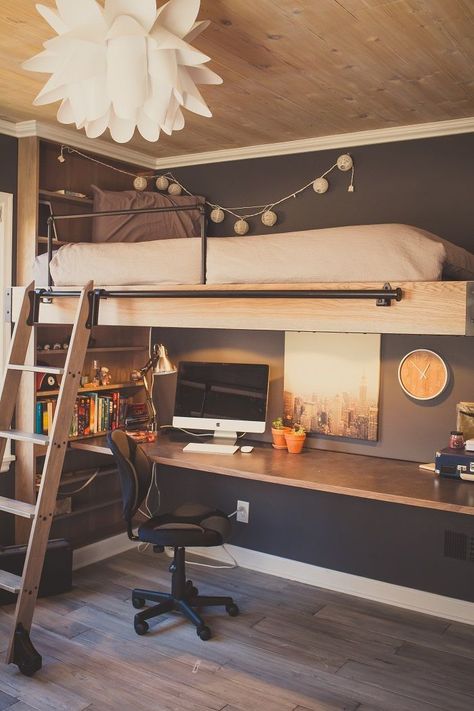 Boys Loft Bedroom, Boys Loft Beds, Loft Bed Ideas For Small Rooms, Loft Bed Desk, Loft Beds For Small Rooms, Build A Loft Bed, A Loft Bed, Beds For Small Rooms, Loft Bed Plans