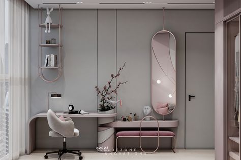 private apartment on Behance Dressing Study Table Design, Study Plus Dressing Table, Dresser Wall Decor Bedroom, Dresser With Study Table, Dresser And Study Table, Study And Dressing Table Combined, Study With Dressing Table, Dresser Table Ideas, Dressing And Study Table Design