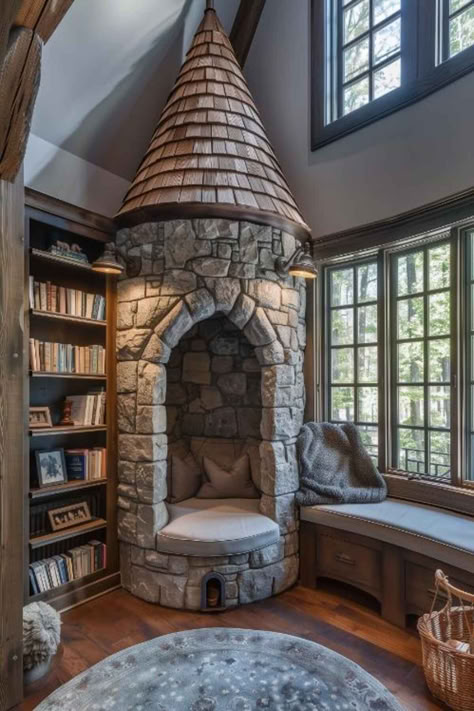 40 Unique Reading Nook Inspiration for Compact Spaces Tower Reading Nook, Armoire Reading Nook, Book Shelf Reading Nook, Magical House Decor Ideas, Unique Fun House Ideas, Modern House Interior Designs, Unique Library Room, Castle Reading Nook, Attic Toy Room