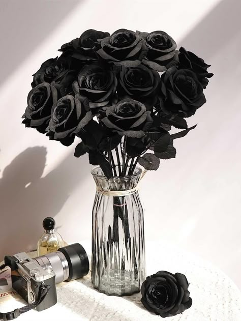 10Pack Artificial Black Flowers Roses Fake Silk Flower With Long Stem for Home Wedding Party Halloween Outdoor Gothic Goth DecorI discovered amazing products on SHEIN.com, come check them out! Diy Black Roses, Goth Birthday Party Decorations, Goth Party Decorations, Gothic Wedding Centerpieces, Gothic Bridal Shower Ideas, Gothic Party Decorations, Rip Party, Rip 30s, Dark Wedding Aesthetic