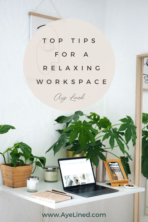 top tips for creating a relaxing and calming workspace at home or in the office Home Workspace Aesthetic, Zen Medical Office, Calm Home Office Space, Peaceful Office Decor Inspiration, Natural Home Office Decor, How To Make An Office Feel Homey, Peaceful Work Space, Relaxing Work Space, Serene Office Decor