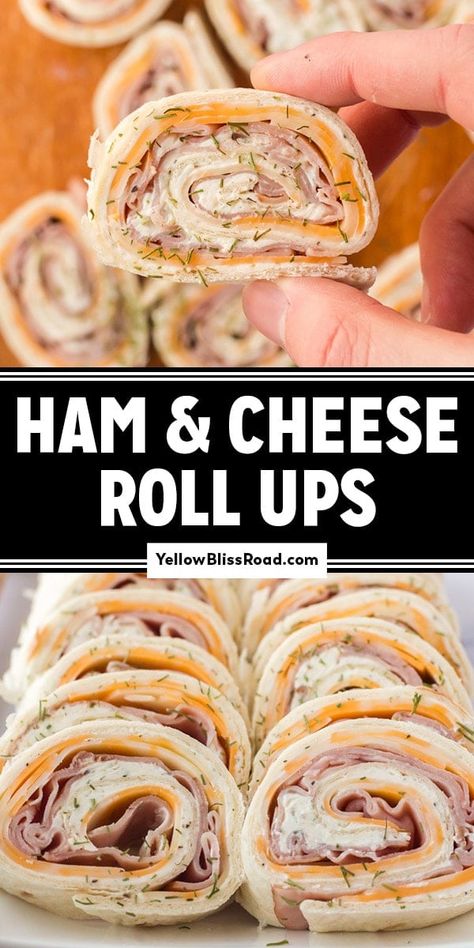 Ham and Cheese Roll-Ups Easy Ham And Cheese Roll Ups, Snack Roll Ups, Pinwheel Sandwiches Ham, Ham And Turkey Roll Ups, Hot Ham And Cheese Roll Ups, Pin Wheel Recipes Ham And Cheese, Ham And Cheese Tortilla Roll Ups, Ham And Swiss Roll Ups, Ham And Cheese Pin Wheels