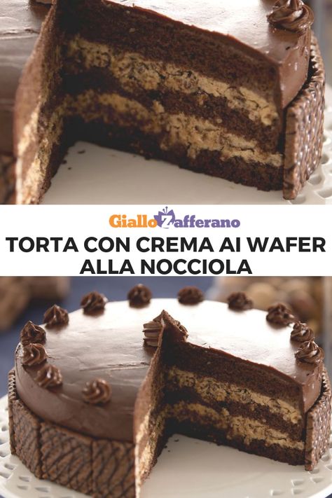 La torta con crema ai wafer alla nocciola è un dolce goloso ideale per feste e compleanni. Strati di morbido pan di spagna al cacao si alternano a strati di crema alla nocciola arricchiata con wafer sbriciolati. La copertura di ganache al cioccolato la rende ancora più irresistibile.  #giallozafferano #torta #cake #wafer #cioccolato #chocolate #ganache #birthdaycake #dolci #torte #dessert  [Chocolate wafer cake] Torte Dessert, Wafer Cake, Raspberry Torte, Chocolate Wafer, Nutella Cake, Dessert Chocolate, Candy Cakes, Wafer Cookies, Chocolate Wafers