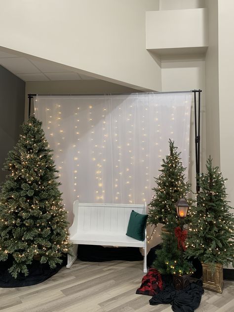 Christmas Dinner Backdrop, Christmas Photo Set Up Indoor Diy, Santa Pics Backdrop, Black Backdrop Christmas Photos, Holiday Picture Backdrop Ideas, Elegant Christmas Photo Backdrop, Christmas Backdrop For Santa Pictures, Easy Santa Backdrops For Pictures, Diy Christmas Photo Setup