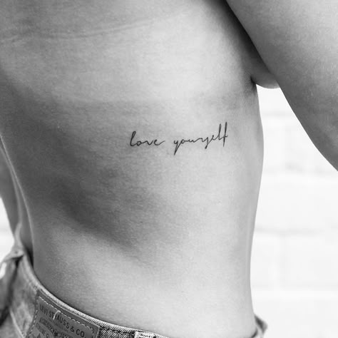 Good Girl Tattoo Words, Womens Rib Tattoos Side Tat, Tiny Rib Tattoos For Women, Rib Tattoos For Women Words, Tattoo Ribs Girl, Underboob Tattoo Quote, Tattoos Women Quotes, Back Rib Tattoo, Side Tattoos Women Quotes