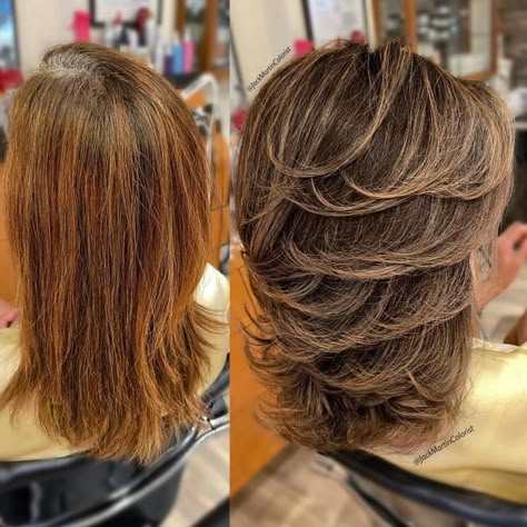 Medium Feathered Haircut Before and After Feathered Layered Hairstyles, Hair Ideas For Women, Medium Shag Hairstyles, Shaggy Layers, Feathered Hair Cut, Feathered Hair, Before And After Haircut, Chunky Highlights, Haircuts For Medium Length Hair