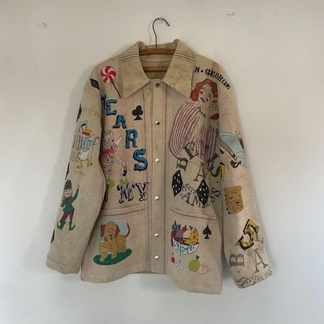 Vintage Custom Clothes, Back Of Jacket Design, Custom Painted Jacket, Drawing On Jacket, Bode Jacket, Senior Cords, Collage Jacket, Funky Jackets, Jacket Upcycle