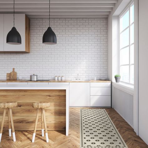 White herringbone backsplash kitchen