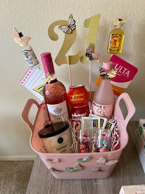 21st Birthday Gift Baskets: 25+ Unique & Thoughtful Ideas. Check it out! 18th Gift Basket, Sister 21st Birthday Gift, Gift Basket For Sister Birthday, 21 Birthday Gift Basket, 21st Gift Basket Ideas, Diy 21st Birthday Gifts For Her Baskets, Mom Birthday Basket Ideas, Dollar Tree Birthday Basket, 21st Gift Basket