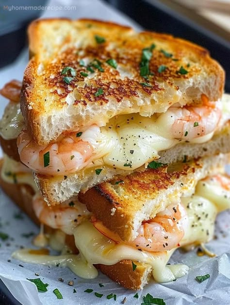 Savor The Unforgettable Cheesy Garlic Bread Shrimp Grilled Cheese - My Home Made Recipe Shrimp Melt Sandwich, Unique Grilled Cheese Recipes, Gourmet Food Recipes, Garlic Bread Grilled Cheese, Shrimp Grilled, Home Made Recipes, Parmesan Pork Chops, Melting Cheese, Grilled Cheese Recipe