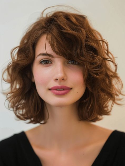 Medium Length Haircut 2b Hair, Shoulder Length Curly Haircuts With Bangs, Wavy Bob Thick Hair, Wavy Curly Bob Hairstyles, Short Wavy Hair Color Ideas, Short Curly Hair Oval Face, Haircuts For Wavy Hair Women, 2b Short Hair, Curly Lob With Bangs