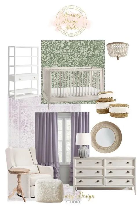 Purple Green Nursery, Sage Green And Lavender Living Room, Sage Green And Purple Nursery, Sage Green And Lilac Nursery, Sage Green And Lavender Nursery, Sage Green And Mauve Nursery, Purple And Green Nursery Girl, Lavender And Green Nursery, Light Purple Nursery Girl