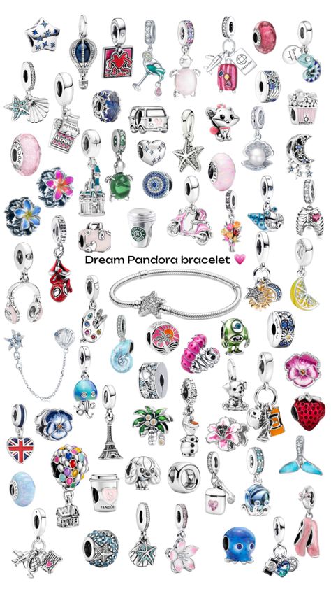 I know this wouldn’t fit in one bracelet :P #pandora #beauty #vibes #preppy #bracelets #charms #pandoracharms #outfitinspo #dream Pandora Charms Collection, Colourful Pandora Bracelet, Pandora Bracelet Styling, Pandora Cute Charms, Best Pandora Charms, Pandora Tennis Bracelet Aesthetic, Aesthetic Pandora Charms, Pandora Jewelry Aesthetic, Aesthetic Charm Bracelet