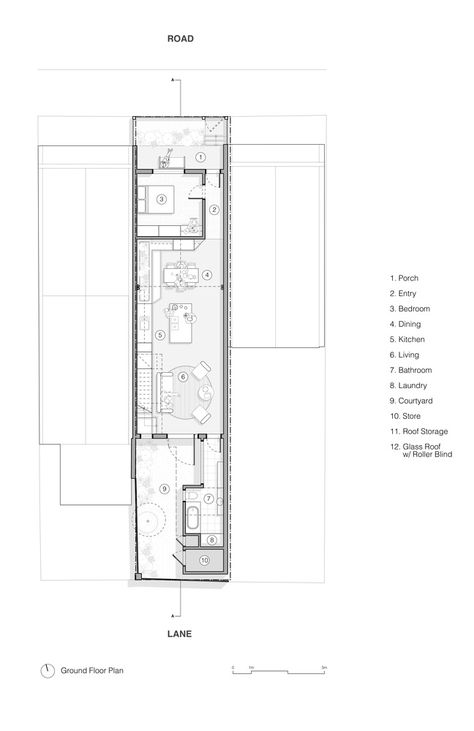 Long Houses Architecture, Slim House Design, Narrow House Layout, Linear House Plans, Small Japanese House Floor Plans, Modern Loft House Exterior, Small Narrow House Design, Long House Floor Plans, Tiny Concrete House