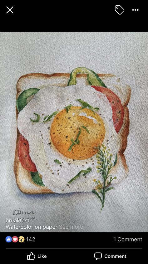 Water Colour Food Art, Watercolor Egg Painting, Food In Watercolor, Breakfast Food Art Drawing, Breakfast Watercolor Food Illustrations, Watercolour Food Art, Food 2 Draw, Food Art Watercolor, Watercolour Food Illustrations