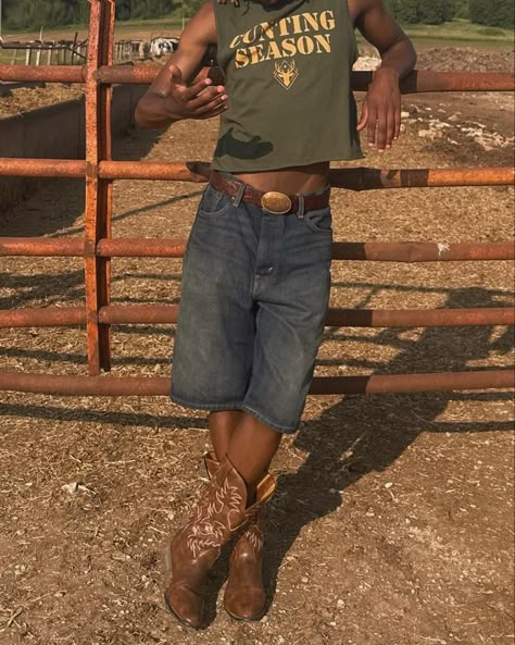 Cowboy Boots With Jorts Men, Cow Boy Boots Outfit Men, Man Cowboy Outfit, Camp Outfits Men, Camp Fashion Aesthetic Men, Stampede Outfit Men, Cowboy Mens Outfit, Cowboy Boots Mens Outfit, Styling Cowboy Boots Men