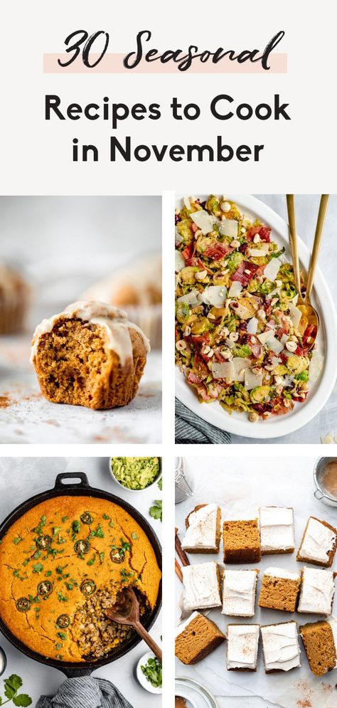 Comforting, seasonal recipes to cook in November! These healthy fall recipes are a great way to use up seasonal produce like pumpkin, winter squash, kale & sweet potatoes, and to get excited about Thanksgiving. #fall #healthyrecipes Roasted Breakfast Potatoes, Healthy Fall Recipes, Bourbon Sweet Potatoes, Chocolate Pumpkin Muffins, Baked Butternut Squash, Healthy Pumpkin Pies, Vegan Slow Cooker, Savory Pumpkin Recipes, Pumpkin Pie Smoothie